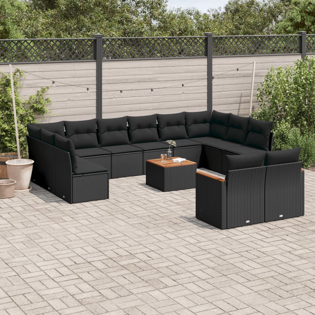 13-delige Loungeset met kussens poly rattan zwart