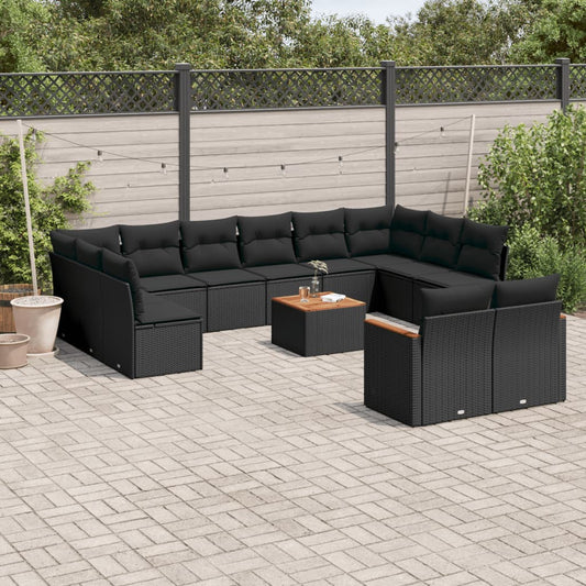 13-delige Loungeset met kussens poly rattan zwart