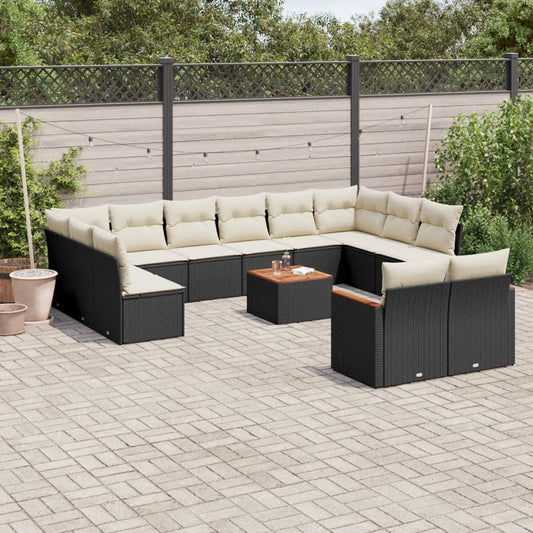 13-delige Loungeset met kussens poly rattan zwart