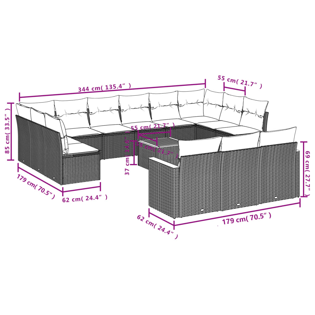 14-delige Loungeset met kussens poly rattan zwart