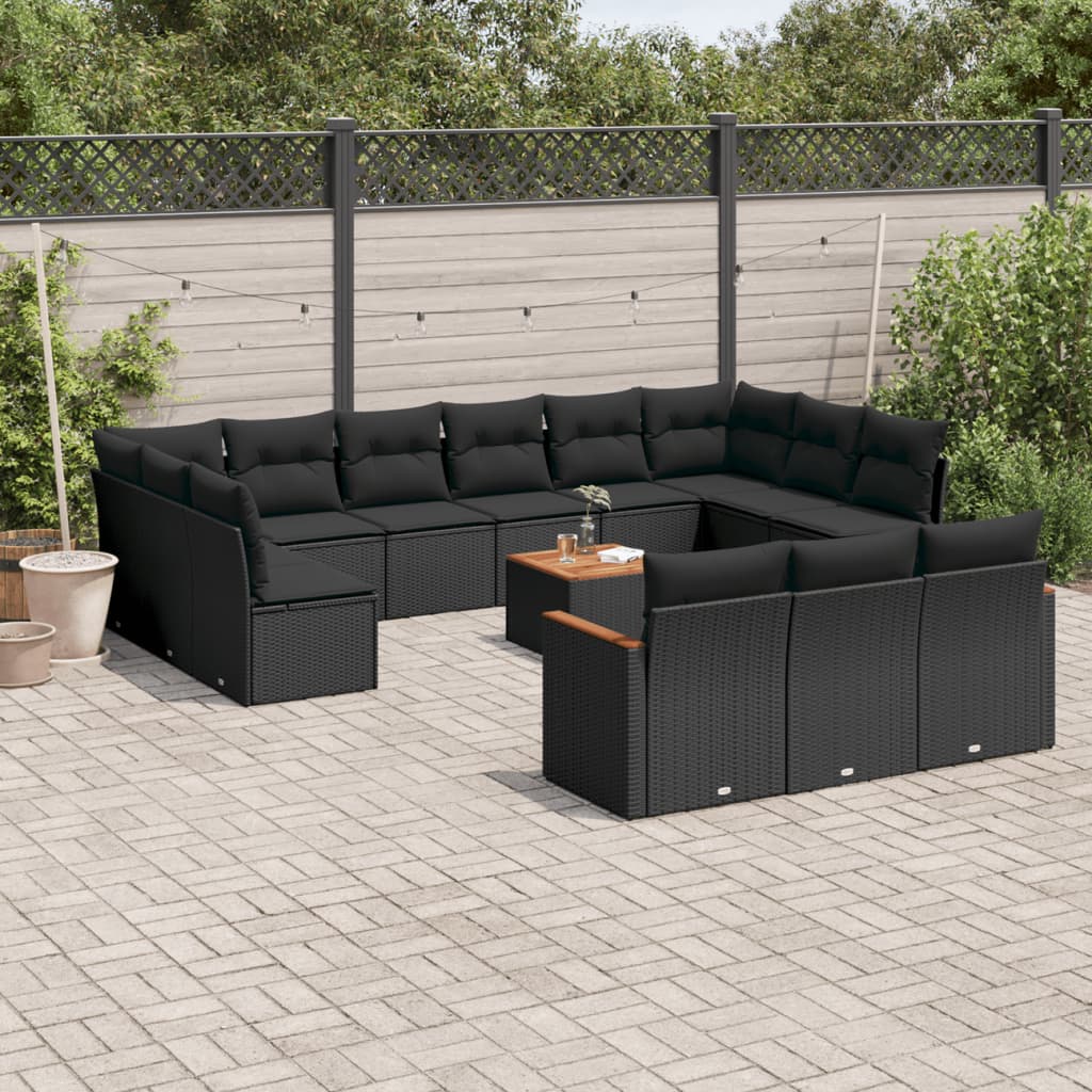 14-delige Loungeset met kussens poly rattan zwart