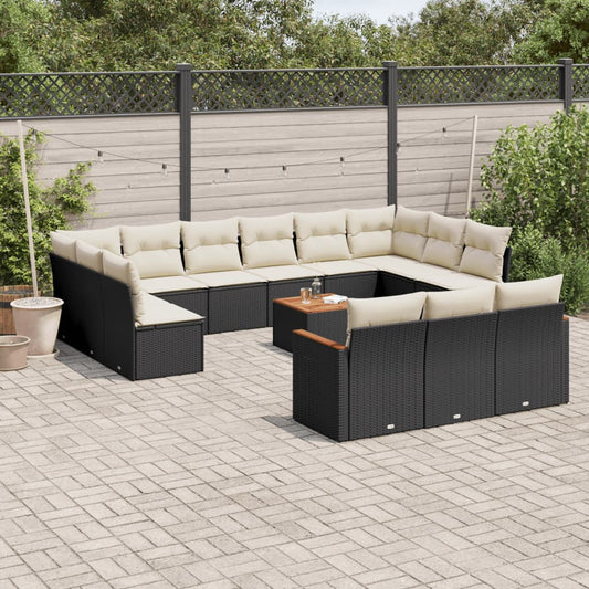 14-delige Loungeset met kussens poly rattan zwart