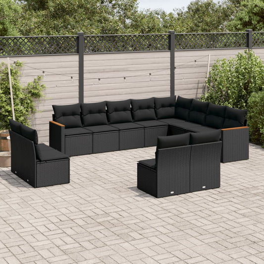 12-delige Loungeset met kussens poly rattan zwart