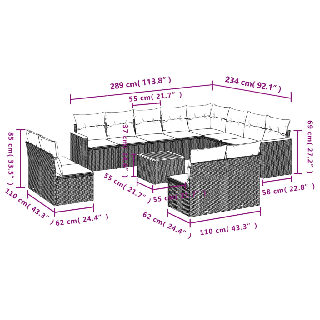 13-delige Loungeset met kussens poly rattan beige