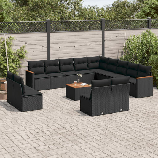 14-delige Loungeset met kussens poly rattan zwart