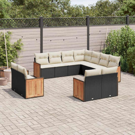 11-delige Loungeset met kussens poly rattan zwart