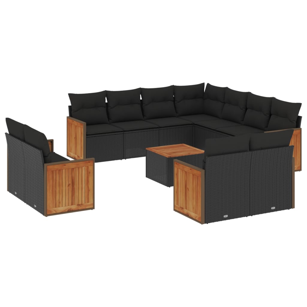 12-delige Loungeset met kussens poly rattan zwart