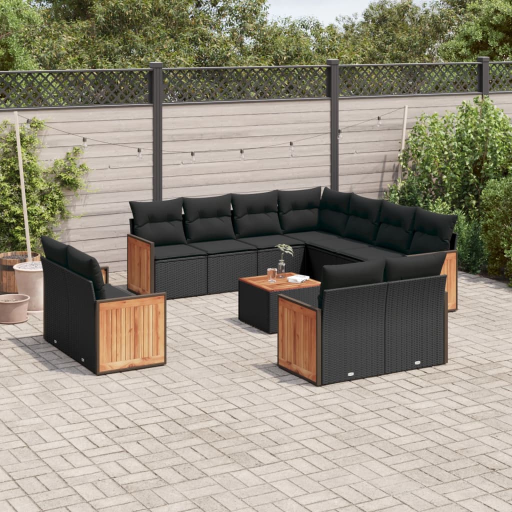 12-delige Loungeset met kussens poly rattan zwart