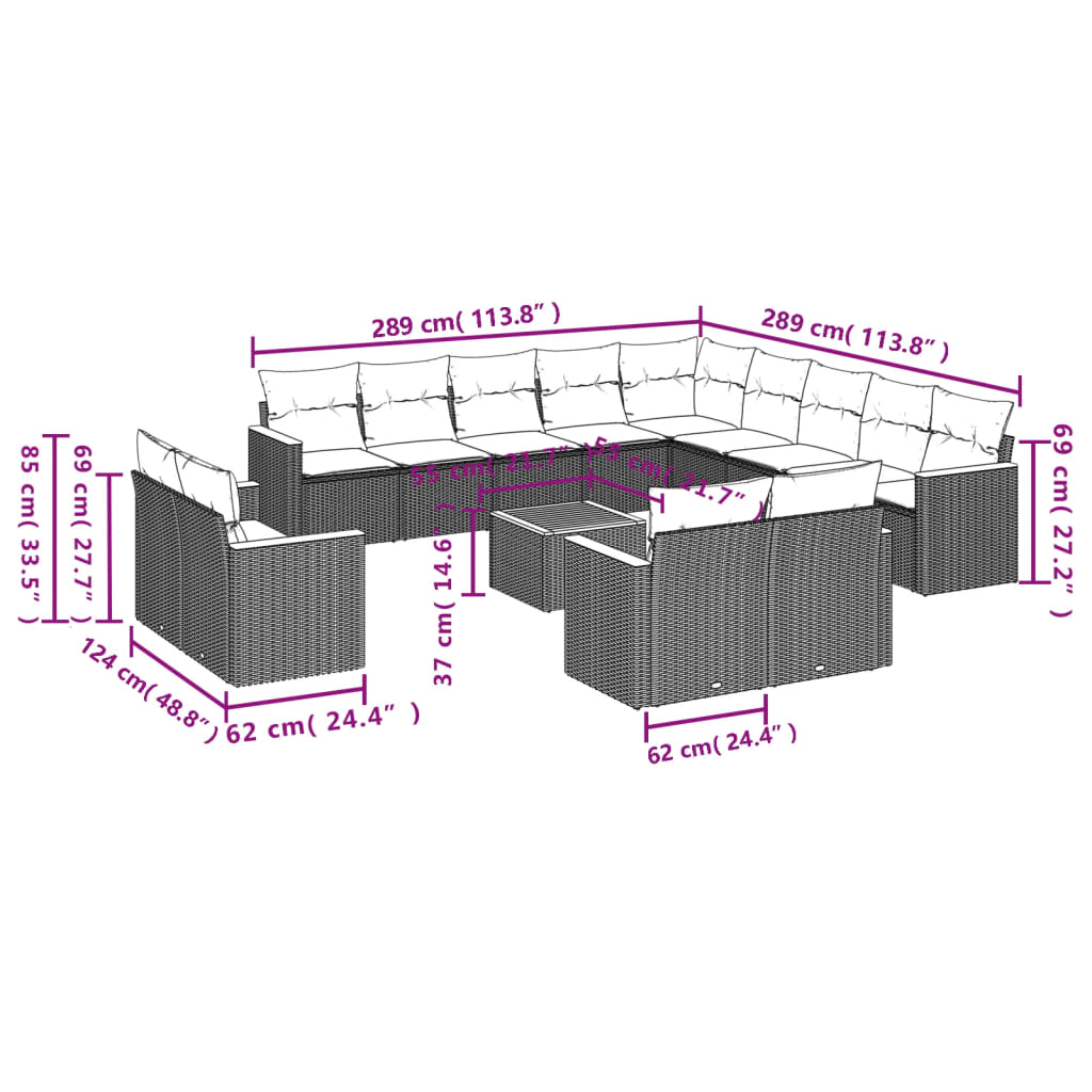 14-delige Loungeset met kussens poly rattan zwart