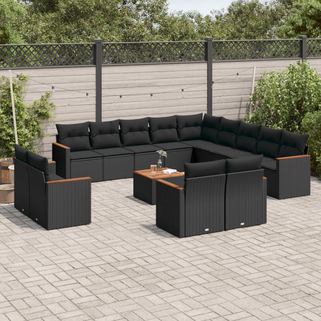 14-delige Loungeset met kussens poly rattan zwart