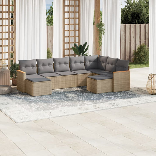 9-delige Loungeset met kussens poly rattan beige