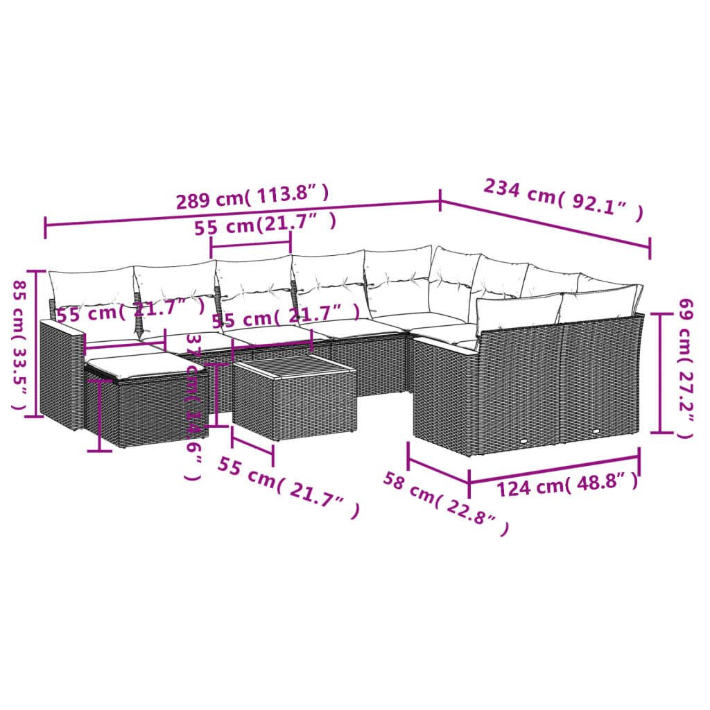 11-delige Loungeset met kussens poly rattan grijs