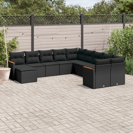 11-delige Loungeset met kussens poly rattan zwart