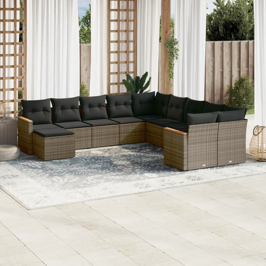 11-delige Loungeset met kussens poly rattan grijs