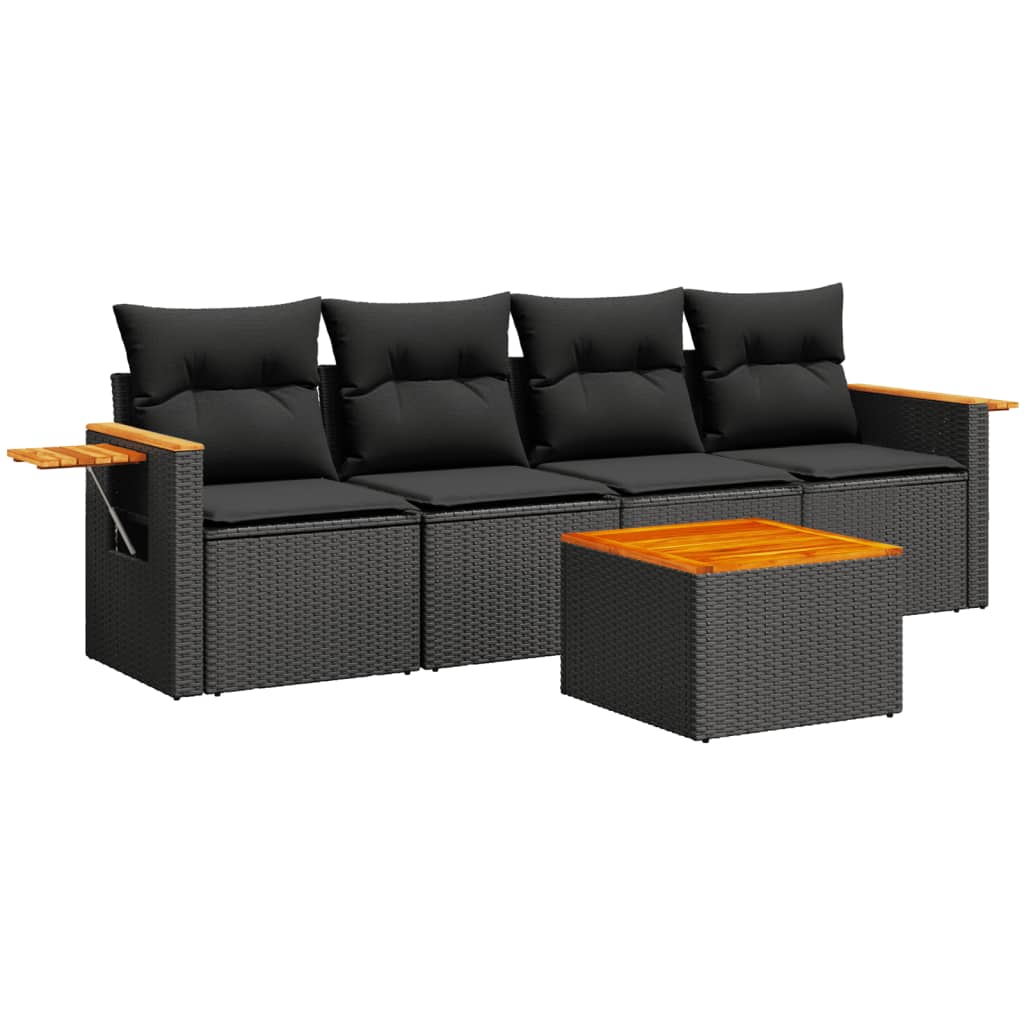 5-delige Loungeset met kussens poly rattan zwart