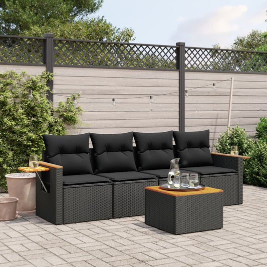 5-delige Loungeset met kussens poly rattan zwart