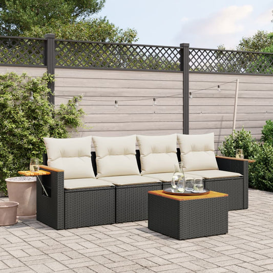 5-delige Loungeset met kussens poly rattan zwart