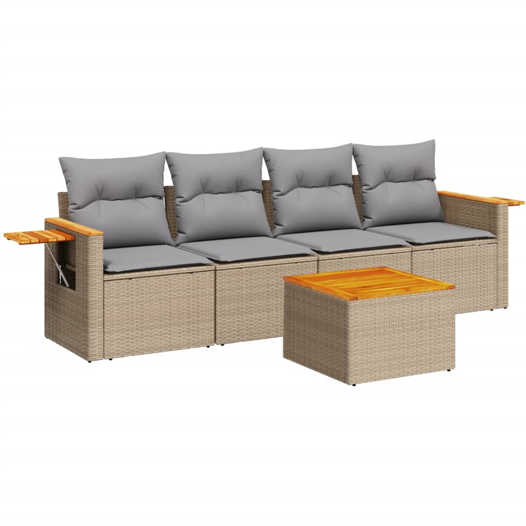 5-delige Loungeset met kussens poly rattan beige