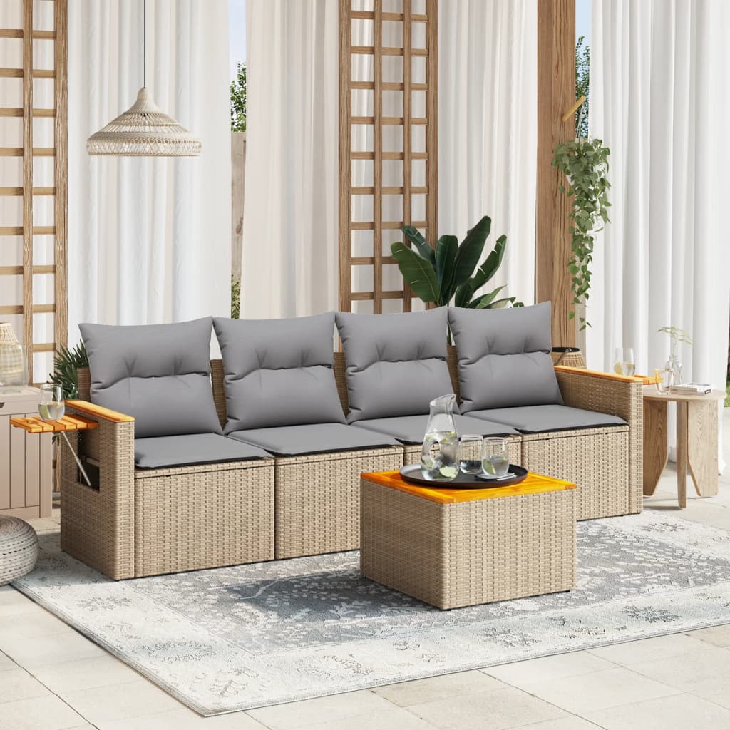 5-delige Loungeset met kussens poly rattan beige