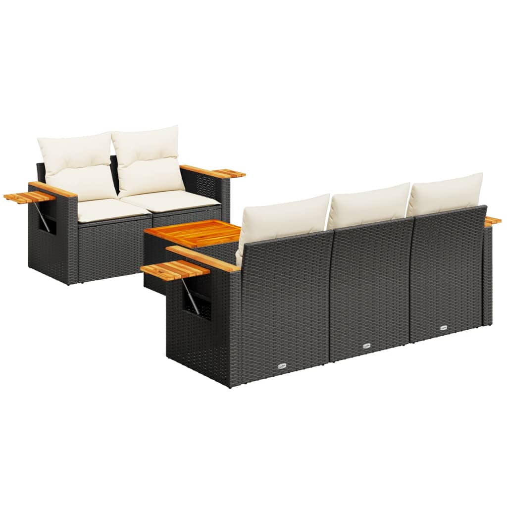 6-delige Loungeset met kussens poly rattan zwart