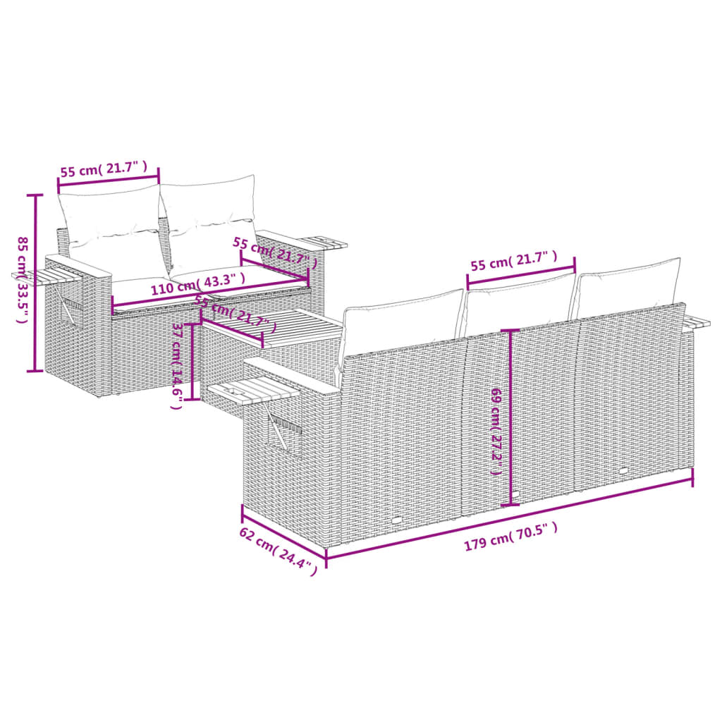 6-delige Loungeset met kussens poly rattan zwart