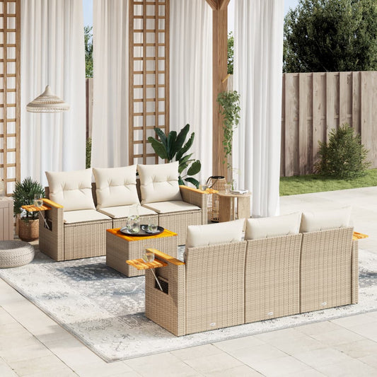 7-delige Loungeset met kussens poly rattan beige