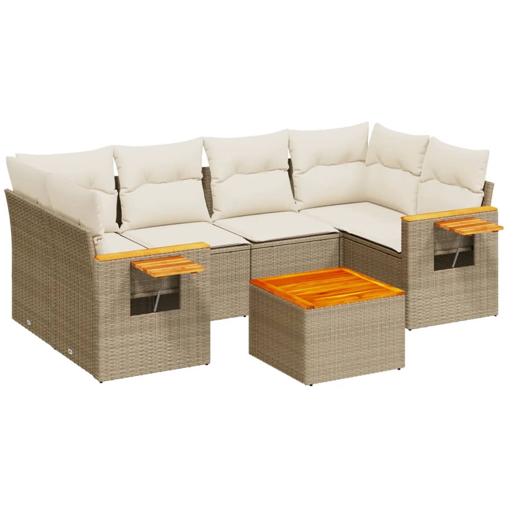 7-delige Loungeset met kussens poly rattan beige