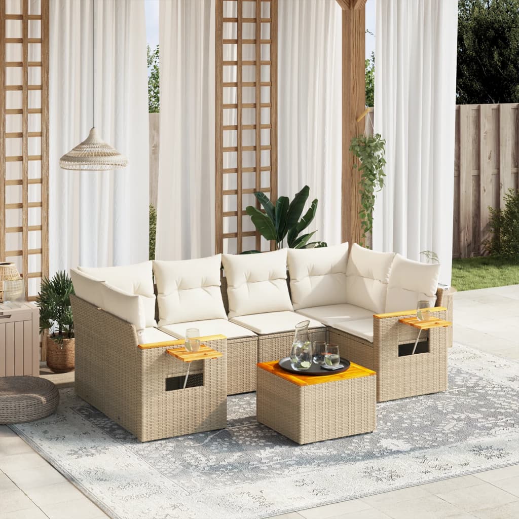 7-delige Loungeset met kussens poly rattan beige