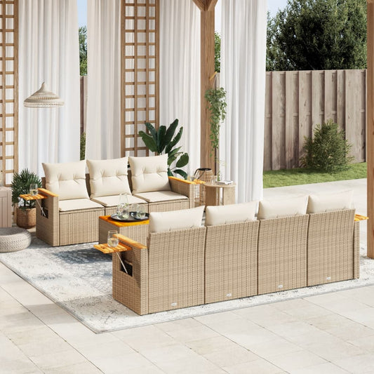 8-delige Loungeset met kussens poly rattan beige