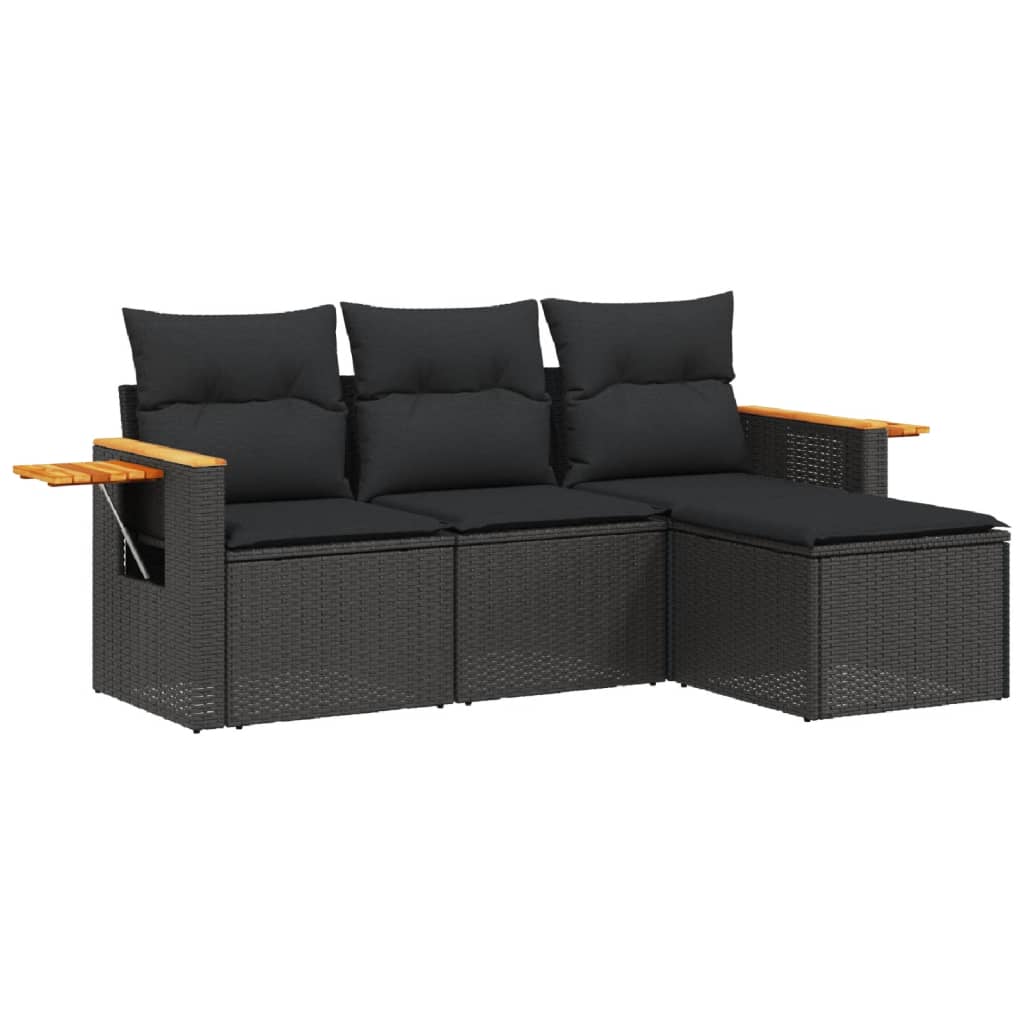 4-delige Loungeset met kussens poly rattan zwart