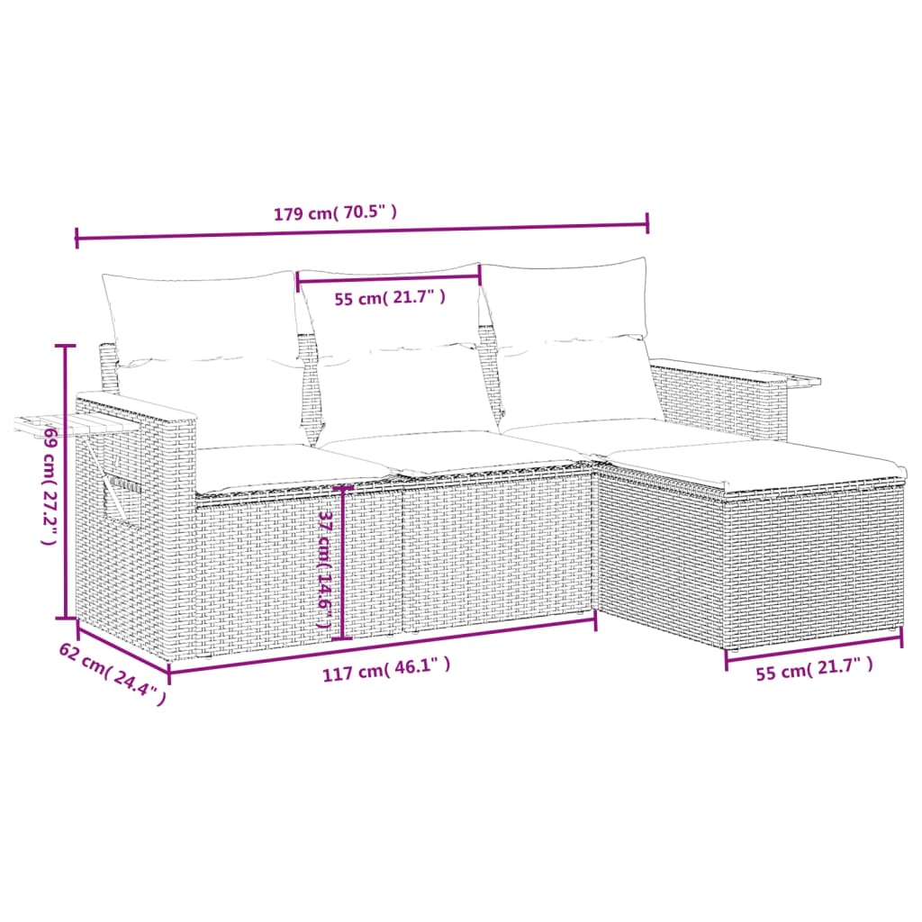 4-delige Loungeset met kussens poly rattan zwart