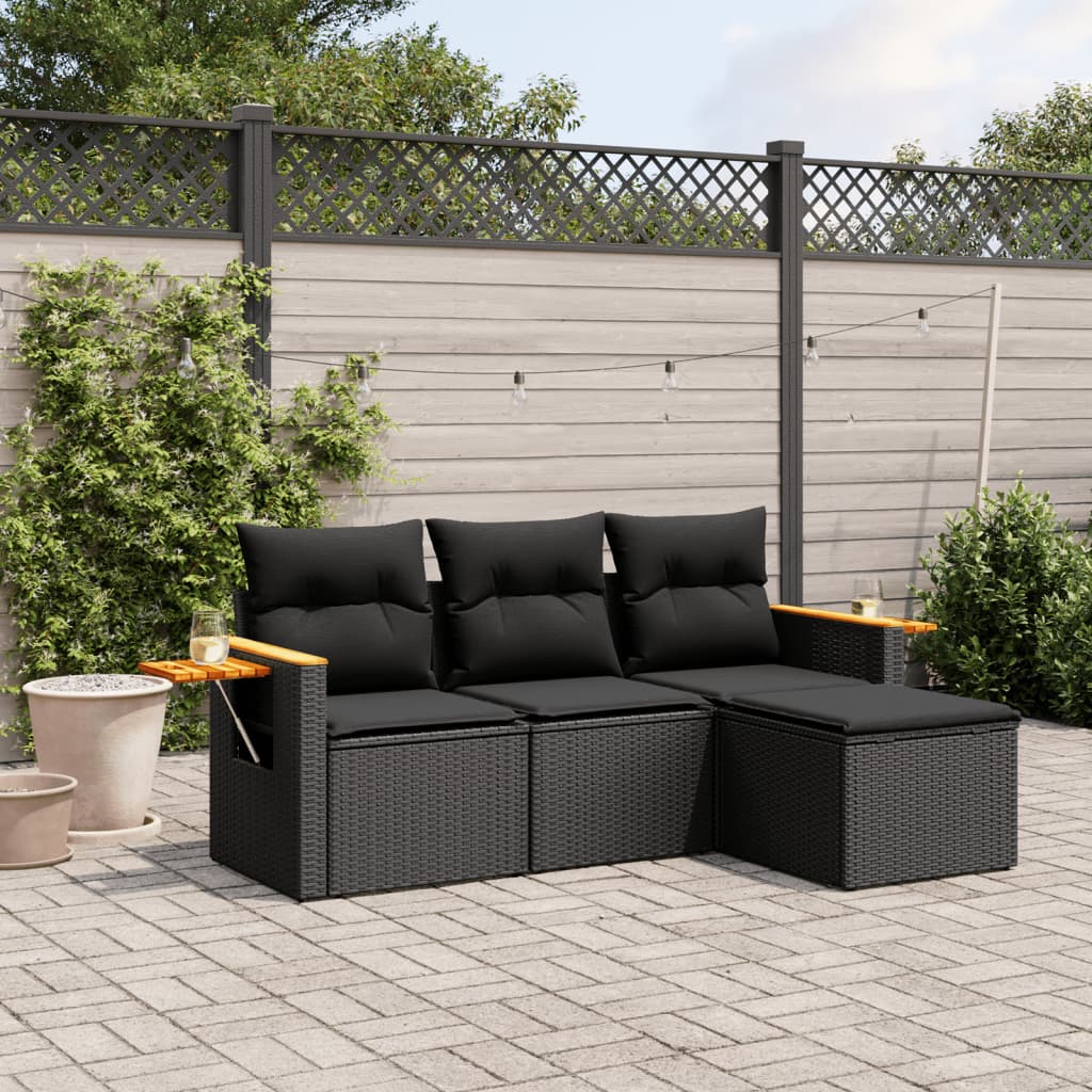 4-delige Loungeset met kussens poly rattan zwart