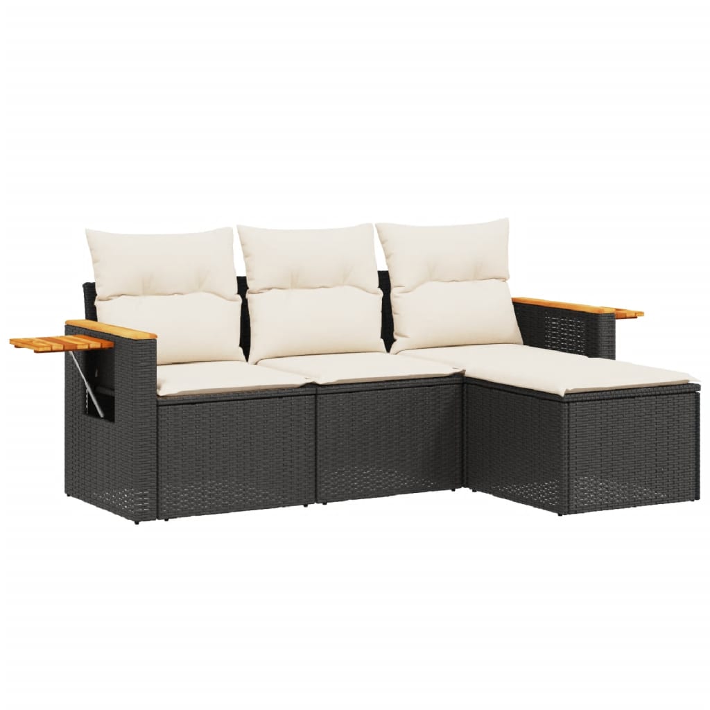 4-delige Loungeset met kussens poly rattan zwart