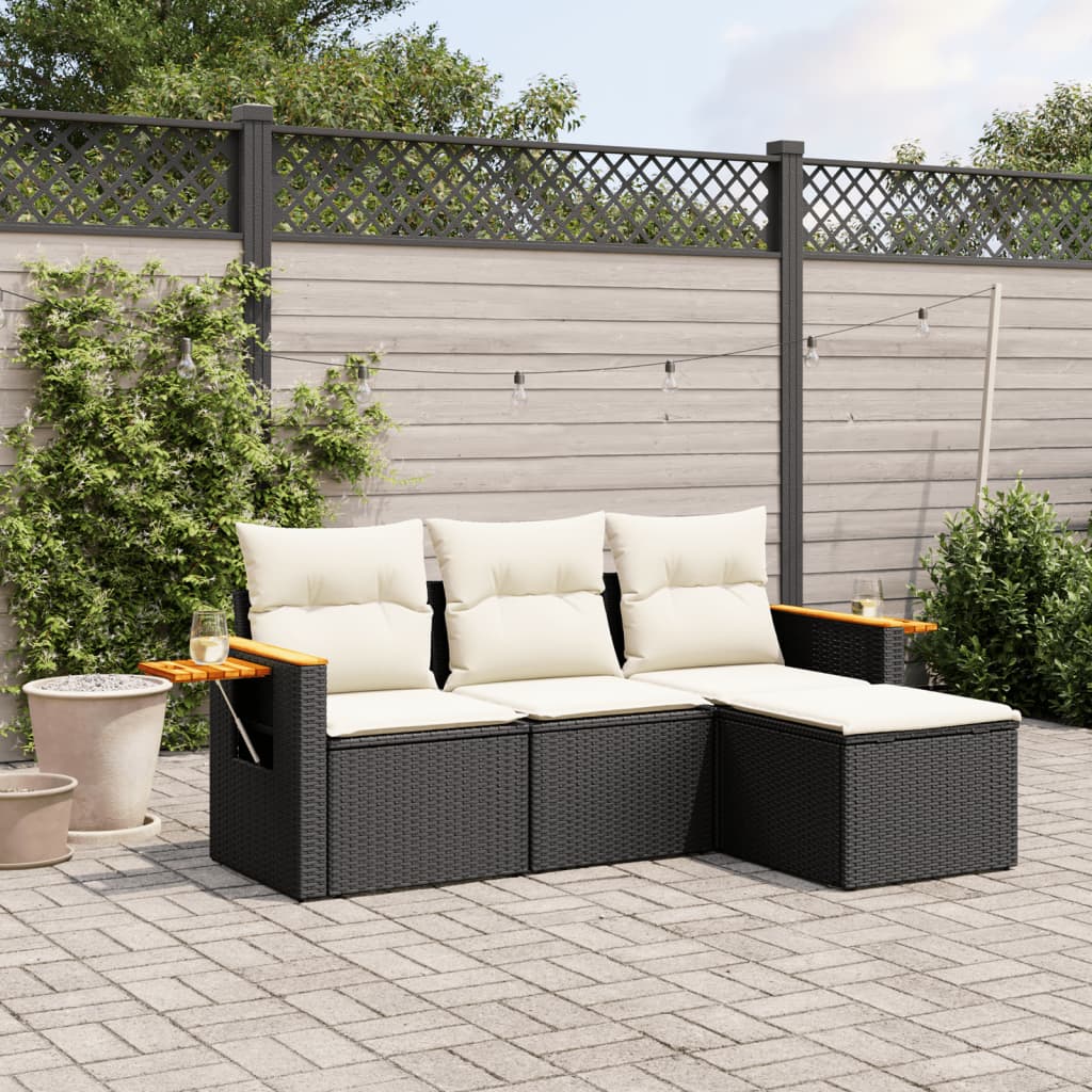 4-delige Loungeset met kussens poly rattan zwart