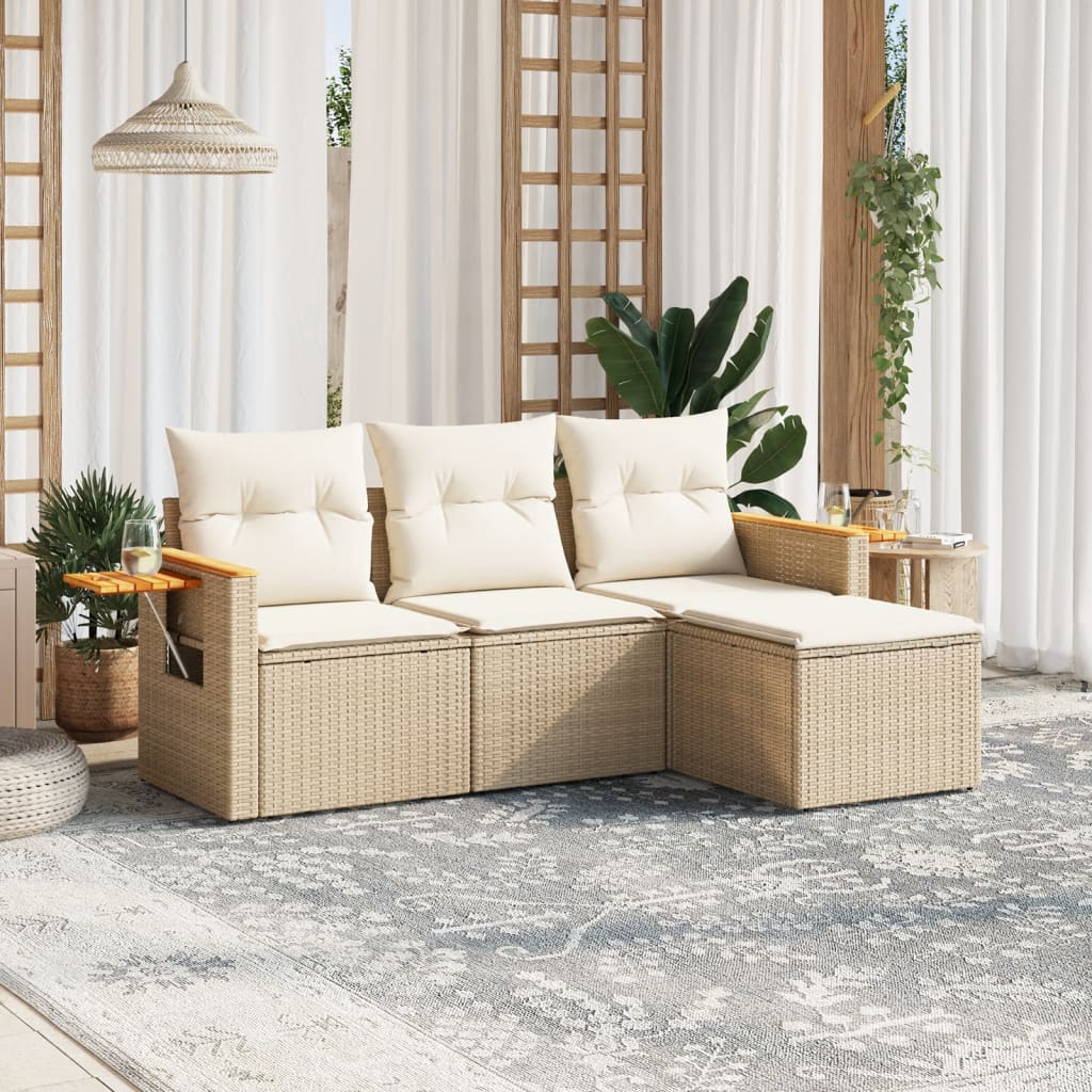 4-delige Loungeset met kussens poly rattan beige