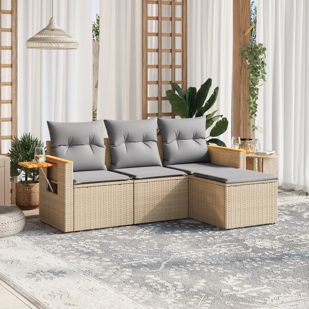 4-delige Loungeset met kussens poly rattan beige