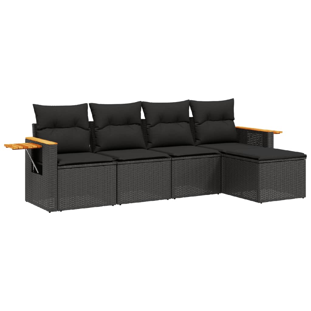 5-delige Loungeset met kussens poly rattan zwart