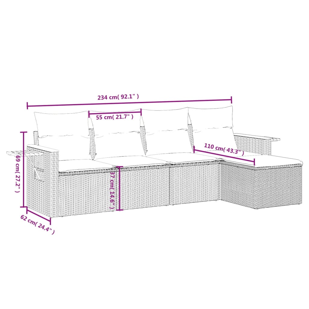 5-delige Loungeset met kussens poly rattan zwart