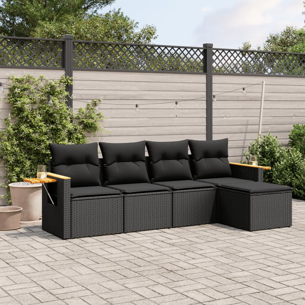 5-delige Loungeset met kussens poly rattan zwart