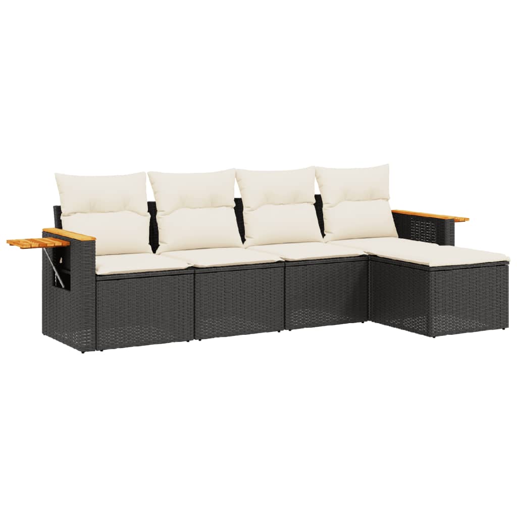 5-delige Loungeset met kussens poly rattan zwart