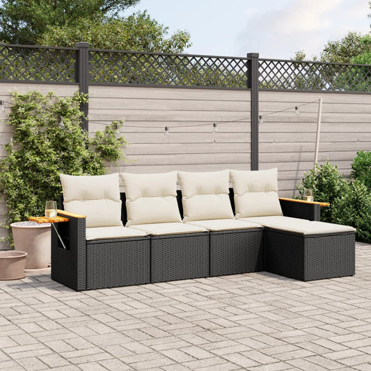 5-delige Loungeset met kussens poly rattan zwart