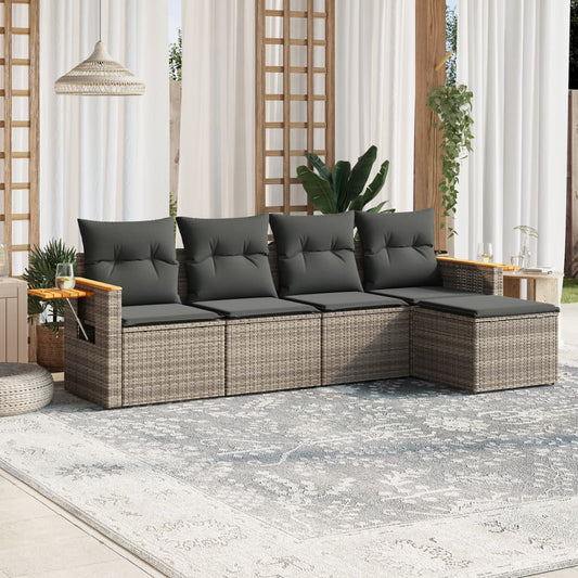 5-delige Loungeset met kussens poly rattan grijs