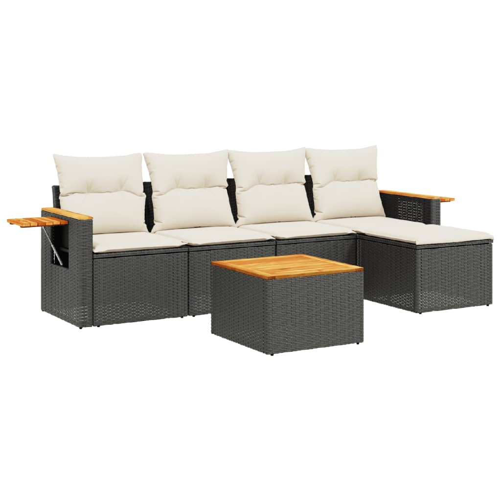 6-delige Loungeset met kussens poly rattan zwart