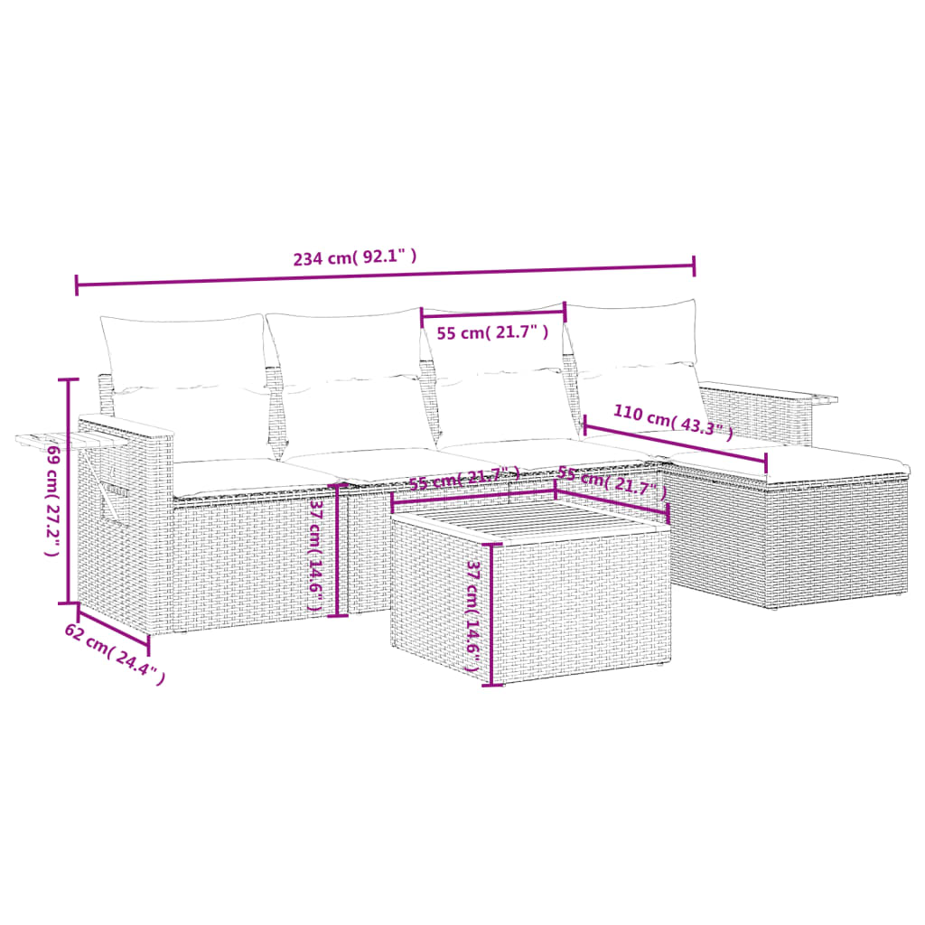 6-delige Loungeset met kussens poly rattan zwart