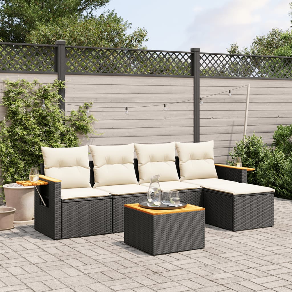 6-delige Loungeset met kussens poly rattan zwart