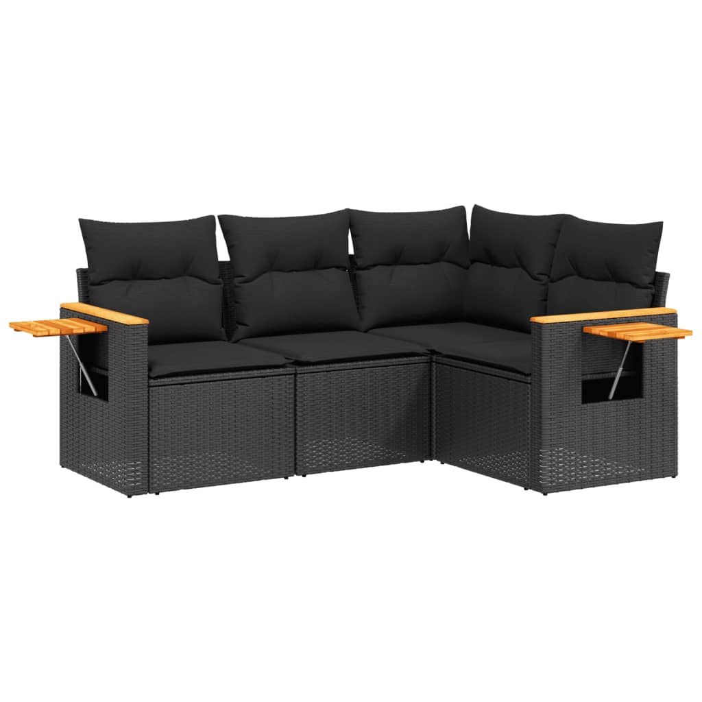 4-delige Loungeset met kussens poly rattan zwart