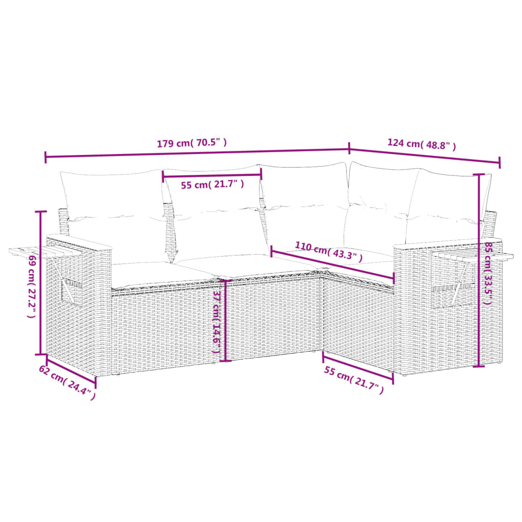 4-delige Loungeset met kussens poly rattan zwart