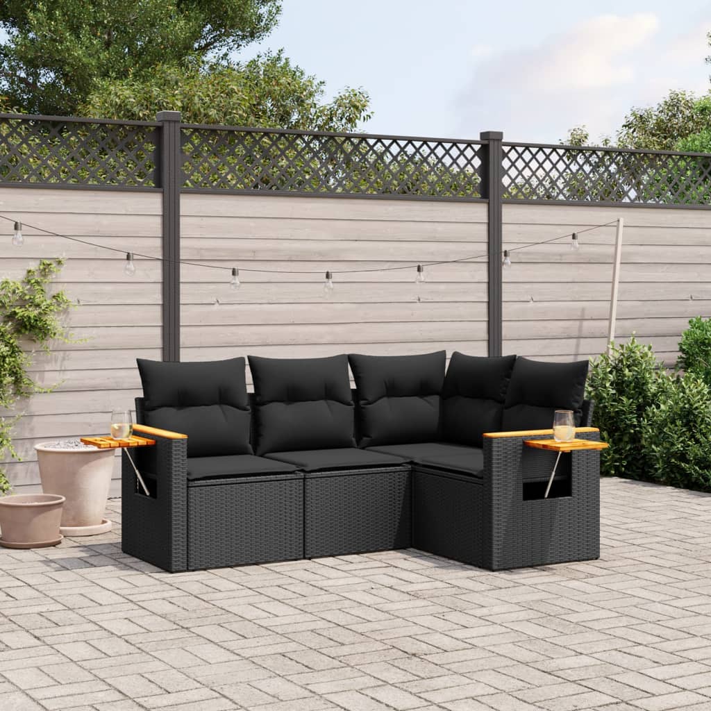 4-delige Loungeset met kussens poly rattan zwart