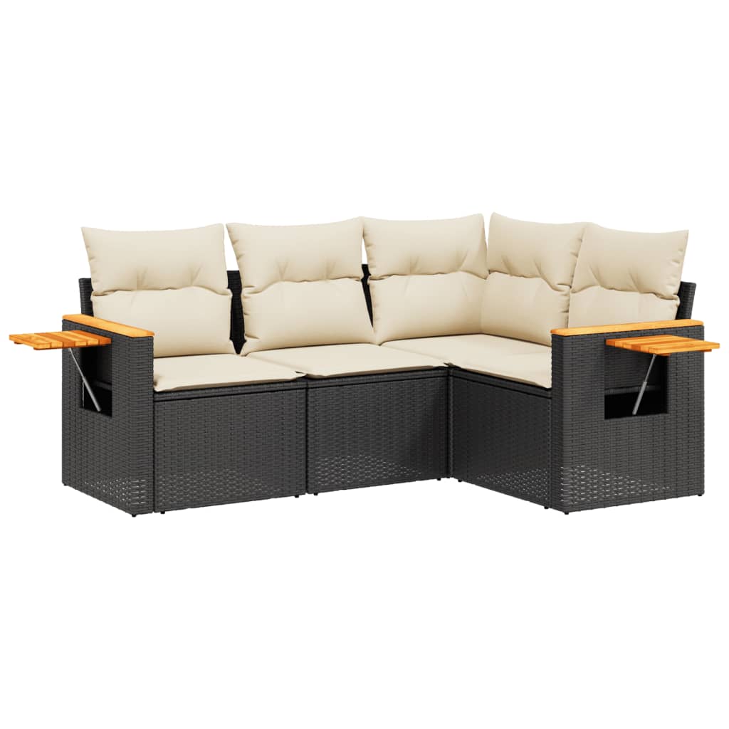 4-delige Loungeset met kussens poly rattan zwart