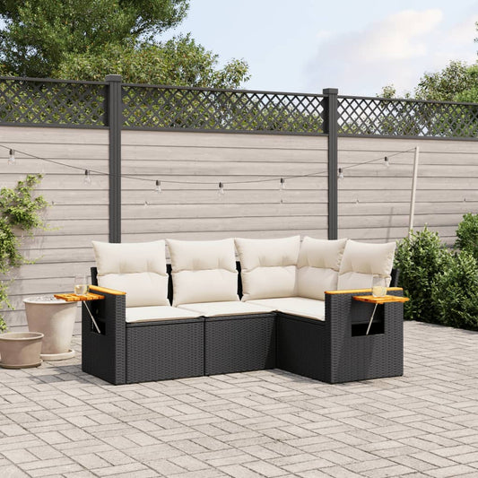 4-delige Loungeset met kussens poly rattan zwart